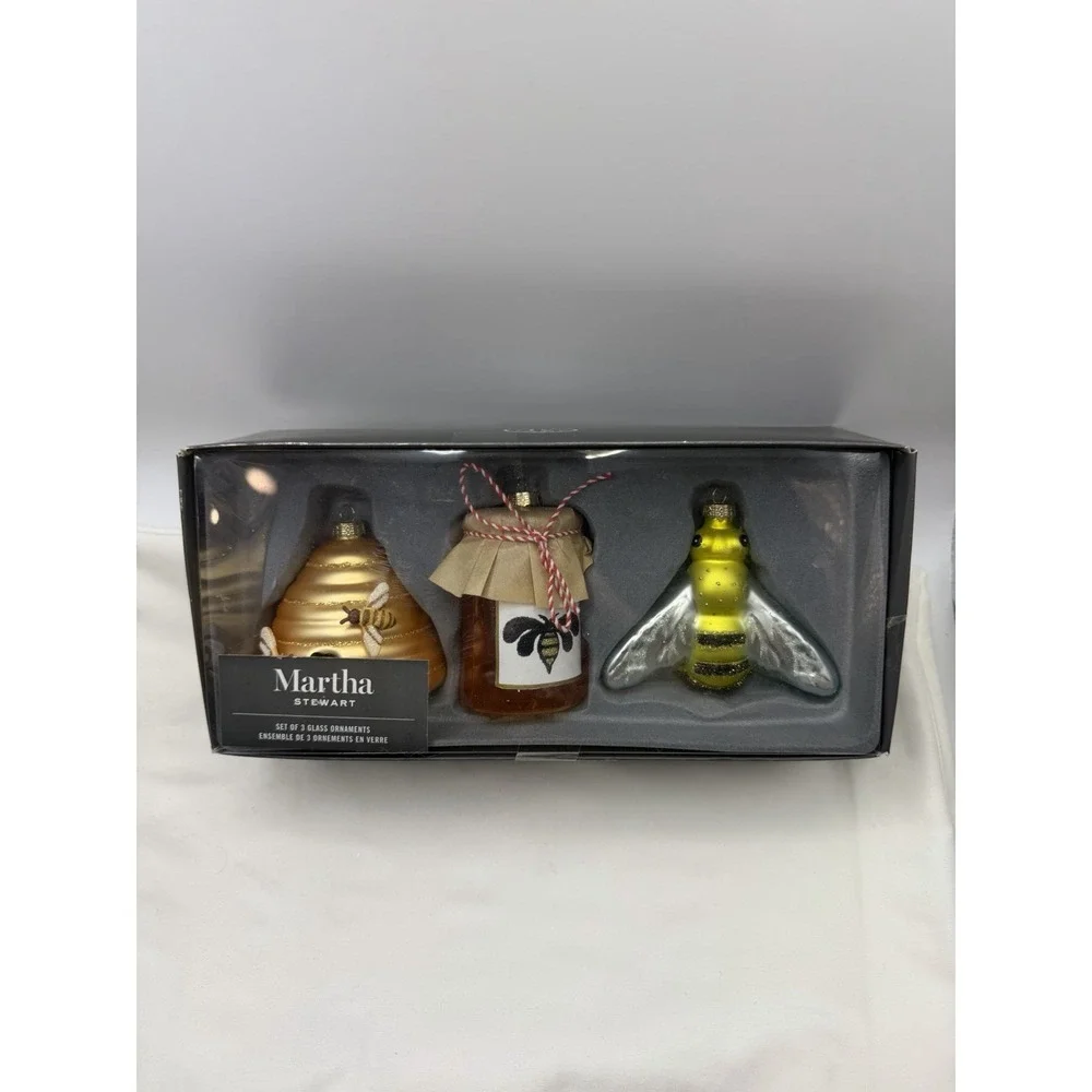 Martha Stewart Set of 2 Glass Plastic Ornaments Bee Jar